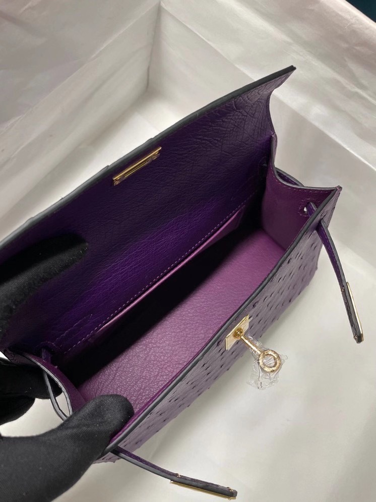 Hermes Mini Kelly Pochette 22cm Bag In Violet Ostrich Leather